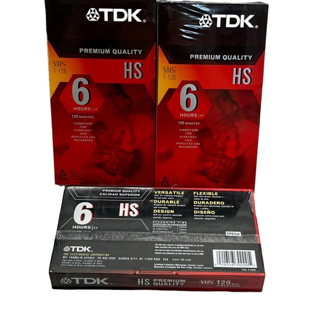TDK Premium Quality HS 6 Hours T-120 Blank VHS VCR Tapes Lot of 3 New Sealed